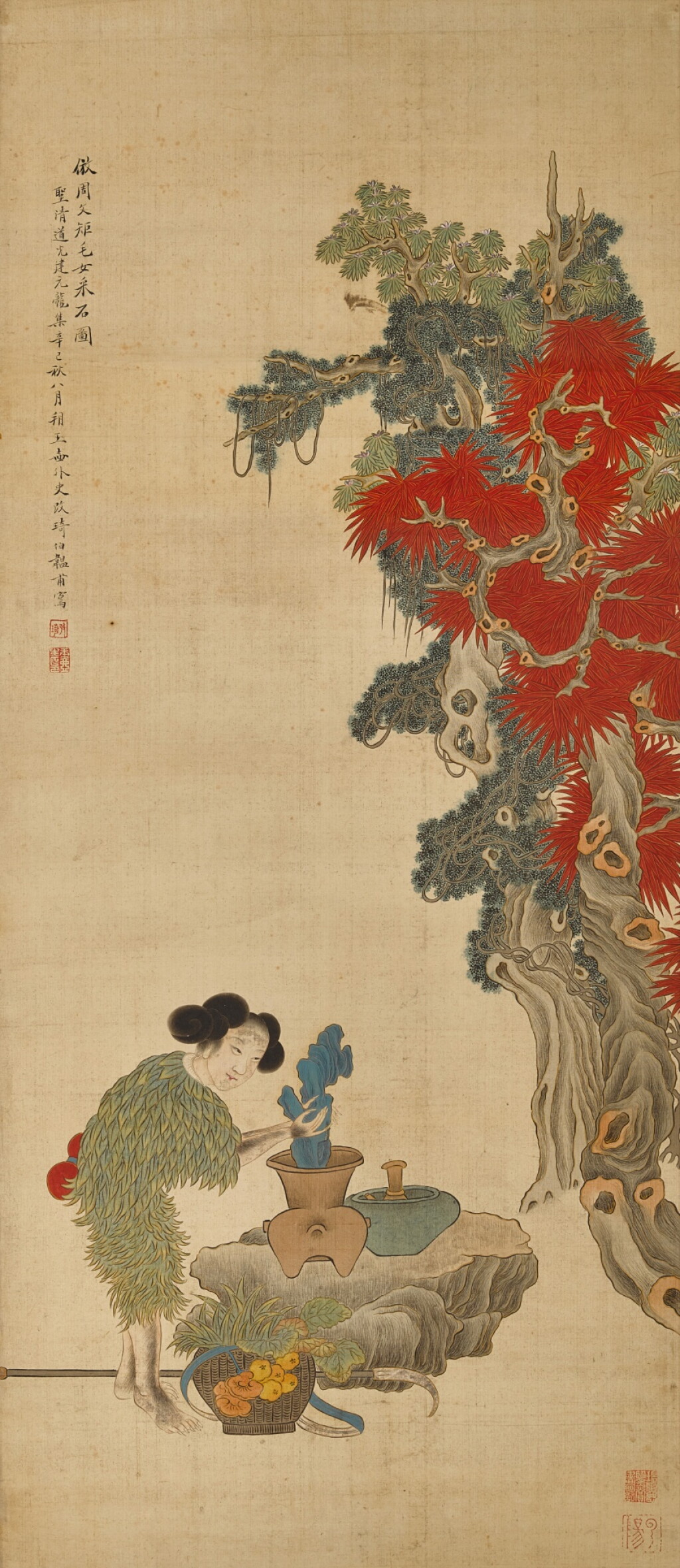 View full screen - View 1 of Lot 2523. Gai Qi 1773 - 1828 改琦 | Painting after Zhou Wenju 倣周文矩毛女采石圖.