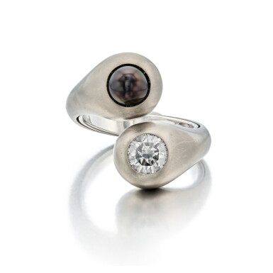 View full screen - View 1 of Lot 66. Very Light Gray Diamond and Natural Pearl Ring.