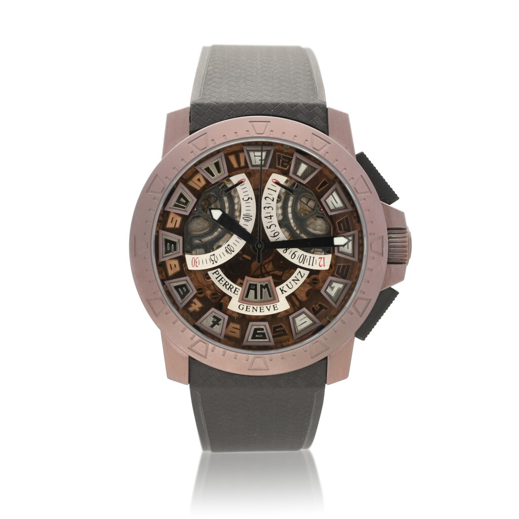 View full screen - View 1 of Lot 9336. Pierre Kunz | Chrono Sport, Reference G 403, A PVD-Coated stainless steel semi-skeletonised chronograph wristwatch with day and night indication and retrograde chronograph registers, Circa 2010 | Chrono Sport 型號G 403 PVD-塗層處理精鋼半鏤空計時腕錶,備晝夜顯示及逆跳計時小錶盤,約2010年製.
