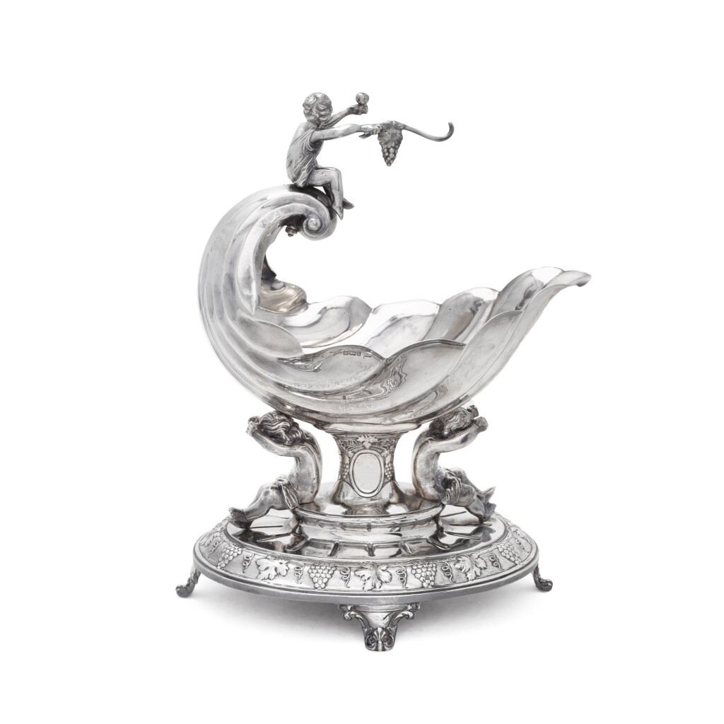 View full screen - View 1 of Lot 105. A large Edwardian silver grape stand, Walker & Hall, Sheffield, 1902.