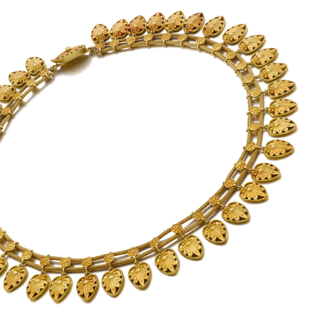 View full screen - View 1 of Lot 68. Etruscan Revival gold necklace, circa 1865 .