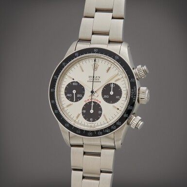 View full screen - View 1 of Lot 105. Reference 6263 ‘Big Red’ Daytona | A stainless steel chronograph wristwatch with bracelet, Circa 1985 | The Hammer Collection.