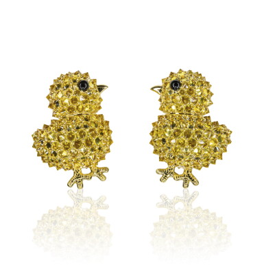 View full screen - View 1 of Lot 100. Pair of yellow sapphire and onyx ear clips, 'Chicks', Michele della Valle.