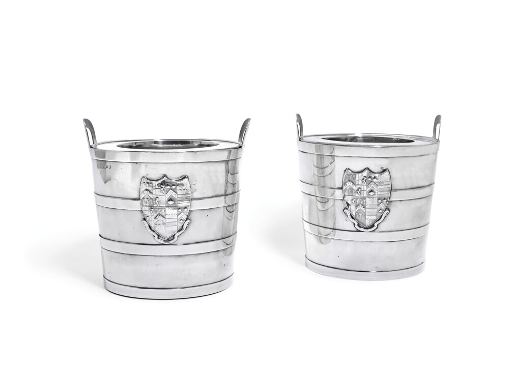 View full screen - View 1 of Lot 134. A PAIR OF GEORGE III SILVER WINE COOLERS, JOHN SCOFIELD, LONDON, 1790.