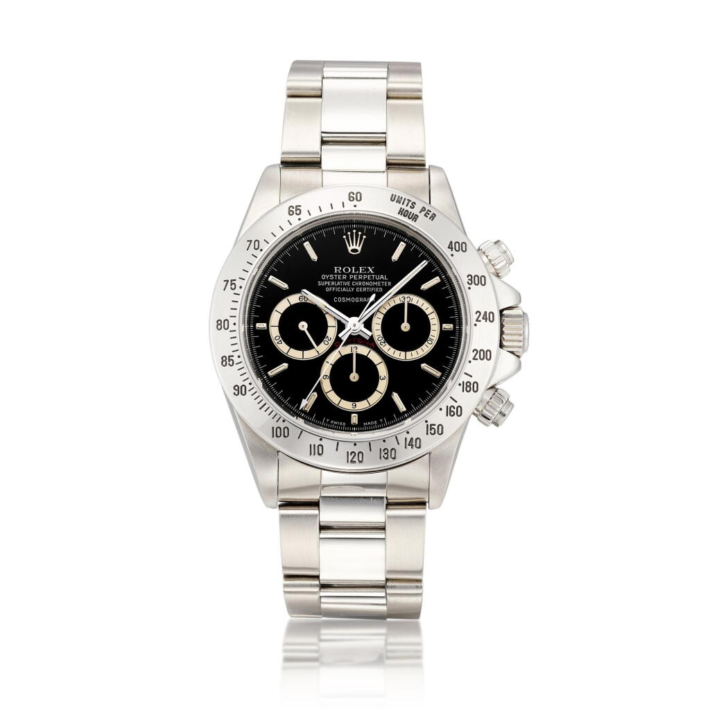 View full screen - View 1 of Lot 2070. Cosmograph Daytona, Reference 16520 | A stainless steel chronograph wristwatch with suspended logo and bracelet, Circa 1993, Formerly in the Collection of Eric Clapton, CBE | 勞力士 | Cosmograph Daytona 型號16520 | 精鋼計時鏈帶腕錶,約1993年製,原為 Eric Clapton, CBE 收藏.