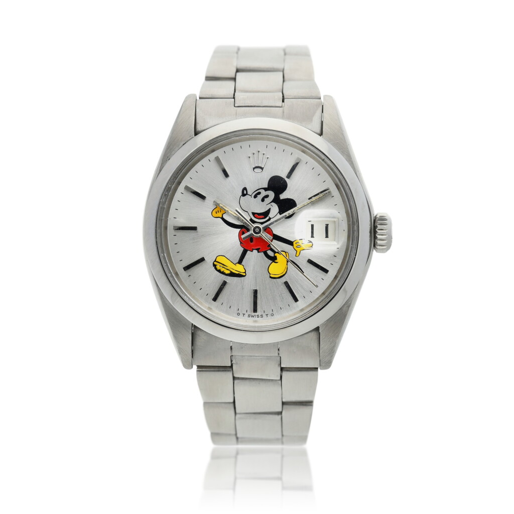 View full screen - View 1 of Lot 225. Reference 1500 Oyster Perpetual Date 'Mickey Mouse' | A stainless steel automatic wristwatch with date and bracelet, Circa 1969.