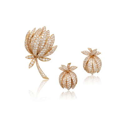 View full screen - View 1 of Lot 205. Gold and Diamond Clip-Brooch and Pair of Earclips, France.