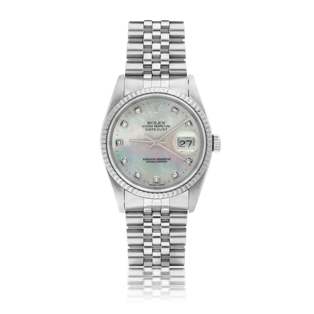 View full screen - View 1 of Lot 154. ROLEX | REF 16234 DATEJUST, A STAINLESS STEEL AUTOMATIC CENTER SECONDS WRISTWATCH WITH DATE BRACELET AND MOTHER OF PEARL DIAMOND SET INDEXES CIRCA 1997.