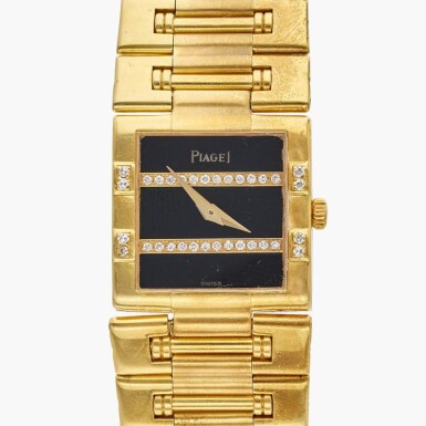 View full screen - View 1 of Lot 450. Reference 81327 K 81 Dancer | A yellow gold and diamond-set bracelet watch with onyx dial, Circa 1980.