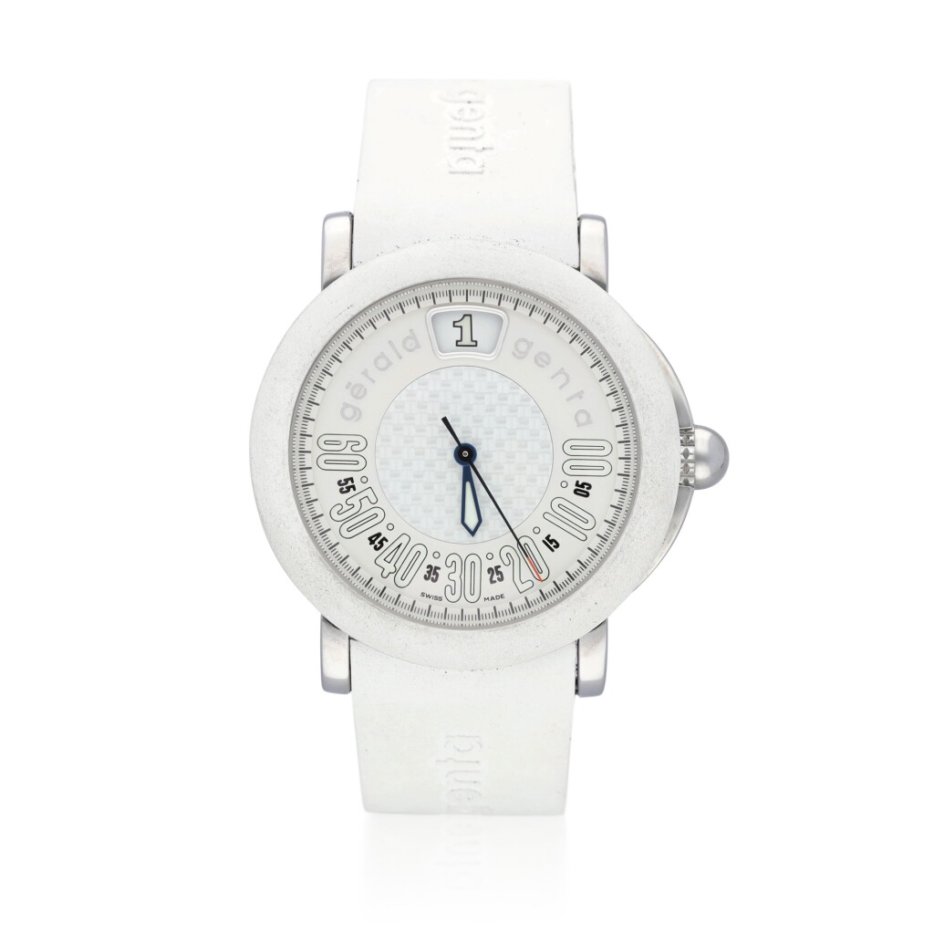 View full screen - View 1 of Lot 40. Gerald Genta Retro Sport Ref. RSP.L.10, stainless steel automatic wristwatch with jump hour and retrograde minutes, circa 2005 .