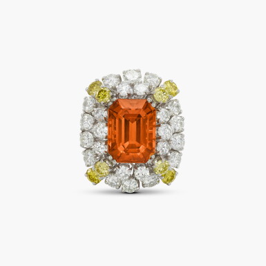 View full screen - View 1 of Lot 211. Spessartine Garnet, Fancy Coloured Diamond and Diamond Ring .
