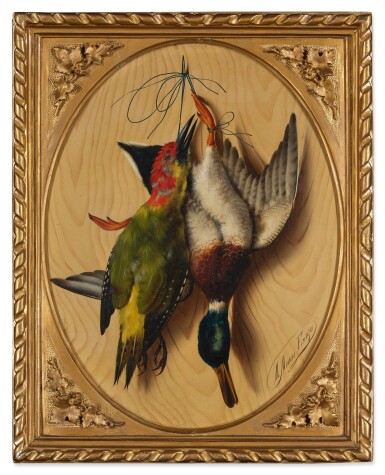 View full screen - View 1 of Lot 190. Trompe l'oeil Still life with a Green Woodpecker and a Duck.
