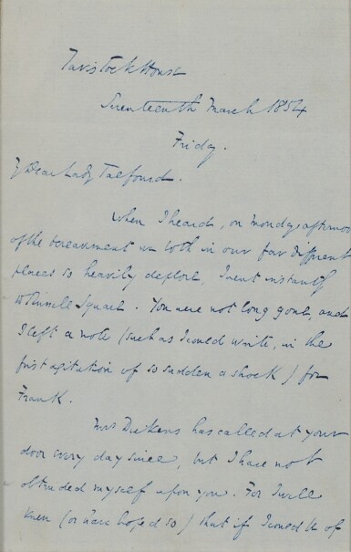View full screen - View 1 of Lot 1054. Dickens, Charles | Autograph letter signed, to Lady Talfourd, upon the death of her husband.