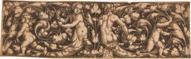 View full screen - View 1 of Lot 316. Ornamental Design with Tendrils, A Couple of Tritons and Two Children (New Hollstein, Hollstein 260).