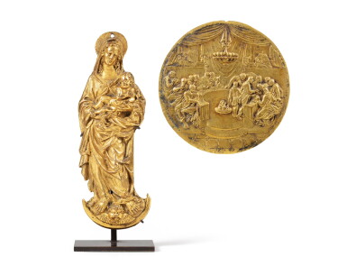 View full screen - View 1 of Lot 129. Virgin of the Apocalypse, a gilt bronze plaque depicting the Last Supper, 17th century, attached.