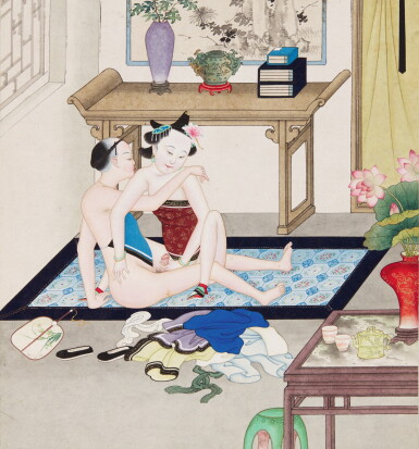 View full screen - View 1 of Lot 61. ANONYMOUS, AN ALBUM OF ELEVEN EROTIC PAINTINGS, QING DYNASTY, 19TH CENTURY | 清十九世紀 《春宮圖》設色紙本 十一開.