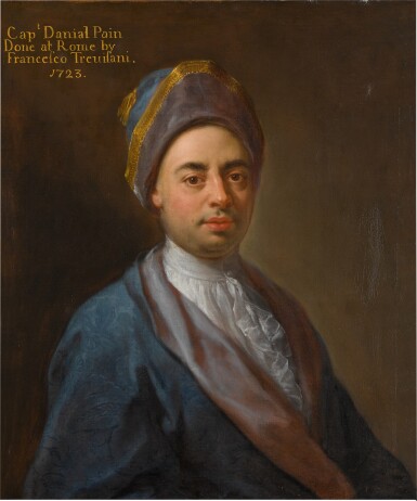 View full screen - View 1 of Lot 113. FRANCESCO TREVISANI | PORTRAIT OF CAPTAIN DANIEL PAIN OF WELFORD, NORTHAMPTONSHIRE, HALF-LENGTH, WEARING A BLUE COAT AND BLUE, MAUVE AND GOLD CAP.