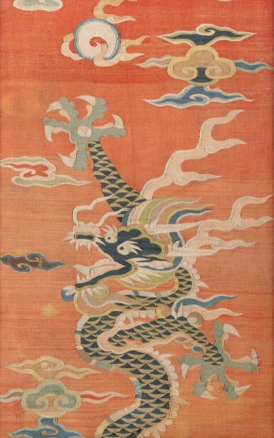 View full screen - View 1 of Lot 202. An orange-ground 'dragon' kesi Ming dynasty | 明 緙絲五爪龍紋掛幅.