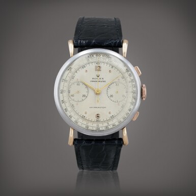 View full screen - View 1 of Lot 355. Chronograph antimagnetic, reference 4062 Montre bracelet chronographe antimagnétique en acier et or rose avec cornes en forme de goutte | Stainless steel and pink gold antimagnetic chronograph wristwatch with teardrop lugs Vers 1947 | Circa 1947.