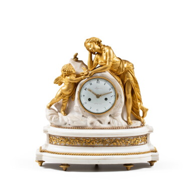 View full screen - View 1 of Lot 218. A gilt-bronze mounted marble mantel clock, Louis XVI, circa 1780, signed by Lépine Pendule en marbre et bronze | doré d'époque Louis XVI, vers 1780, signée par Lépine.