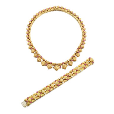View full screen - View 1 of Lot 902. Gold, ruby and diamond demi-parure.