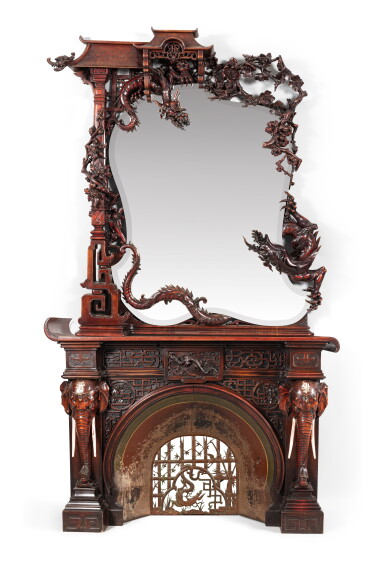 View full screen - View 1 of Lot 111. A carved wood chimney and mirror frame, second half 19th century | Cheminée et cadre de miroir en bois sculpté, seconde moitié du XIXeme siècle.