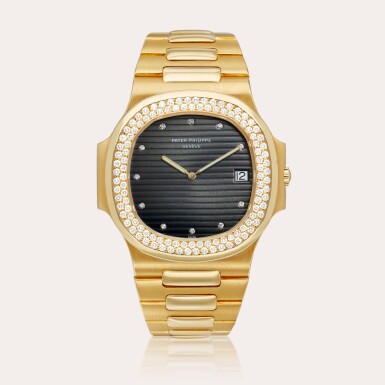 View full screen - View 1 of Lot 2262. Nautilus, Reference 3700 | A yellow gold and diamond-set bracelet watch with date, Made in 1982.