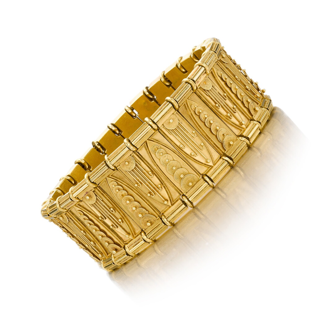 View full screen - View 1 of Lot 74. Etruscan Revival gold bracelet, circa 1870 .