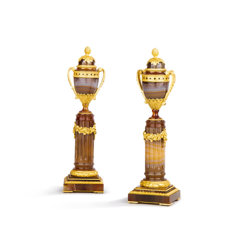 View full screen - View 1 of Lot 675. A pair of gilt-bronze mounted agate cassolettes, second half of 19th century.