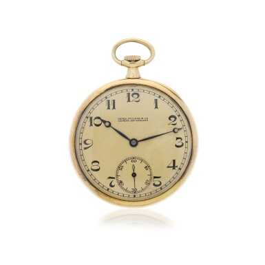 View full screen - View 1 of Lot 257. A YELLOW GOLD OPEN FACED POCKET WATCH WITH ASSOCIATED CHAIN, MADE IN 1919.
