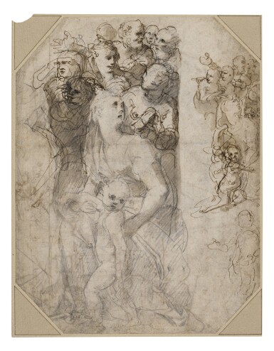 View full screen - View 1 of Lot 214. Recto: Two groups of figures, studies for the Frangipani Chapel, San Marcello al Corso Verso: Studies for the lunette above the altar in the Frangipani Chapel and an architectural design for a wall decoration.