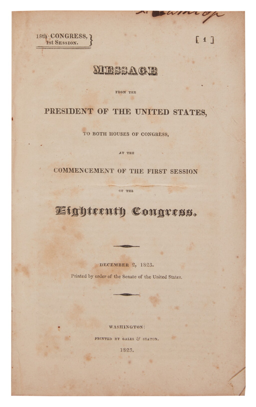 View full screen - View 1 of Lot 55. Monroe, James | First printing of the Monroe Doctrine in book form.