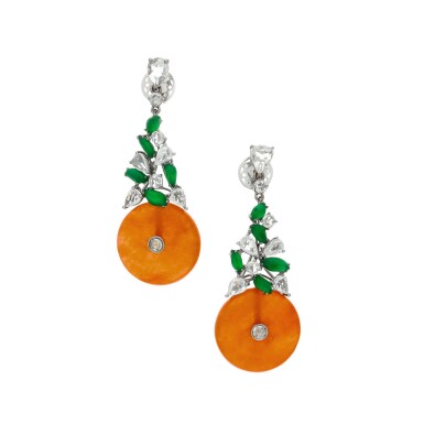 View full screen - View 1 of Lot 78. Pair of jadeite and diamond earrings.