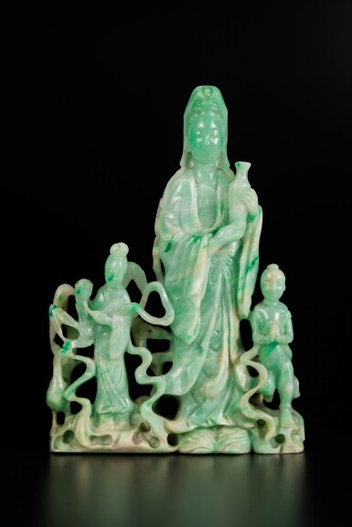 View full screen - View 1 of Lot 219. A jadeite 'Guanyin and attendants' group, Qing dynasty | 清 翠玉雕觀音金童玉女擺件.