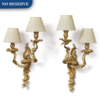 View full screen - View 1 of Lot 307. A Pair of Louis XV Style Gilt Bronze Two-Light Wall Lights.