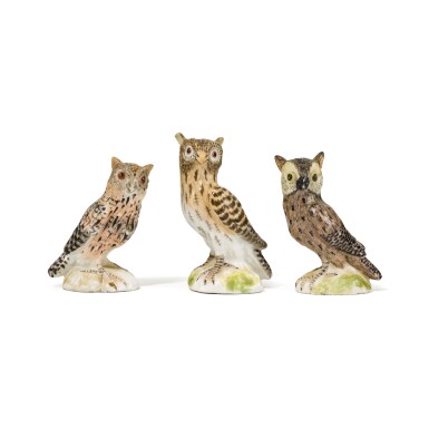 View full screen - View 1 of Lot 89. Three Meissen porcelain miniature figures of owls, circa 1745-50.