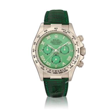 View full screen - View 1 of Lot 2027. Cosmograph Daytona "Beach", Reference 116519 | A white gold chronograph wristwatch with green chrysoprase dial, Circa 2007 | 勞力士 | Cosmograph Daytona "Beach" 型號116519 | 白金計時腕錶,備綠玉髓錶盤,約2007年製.