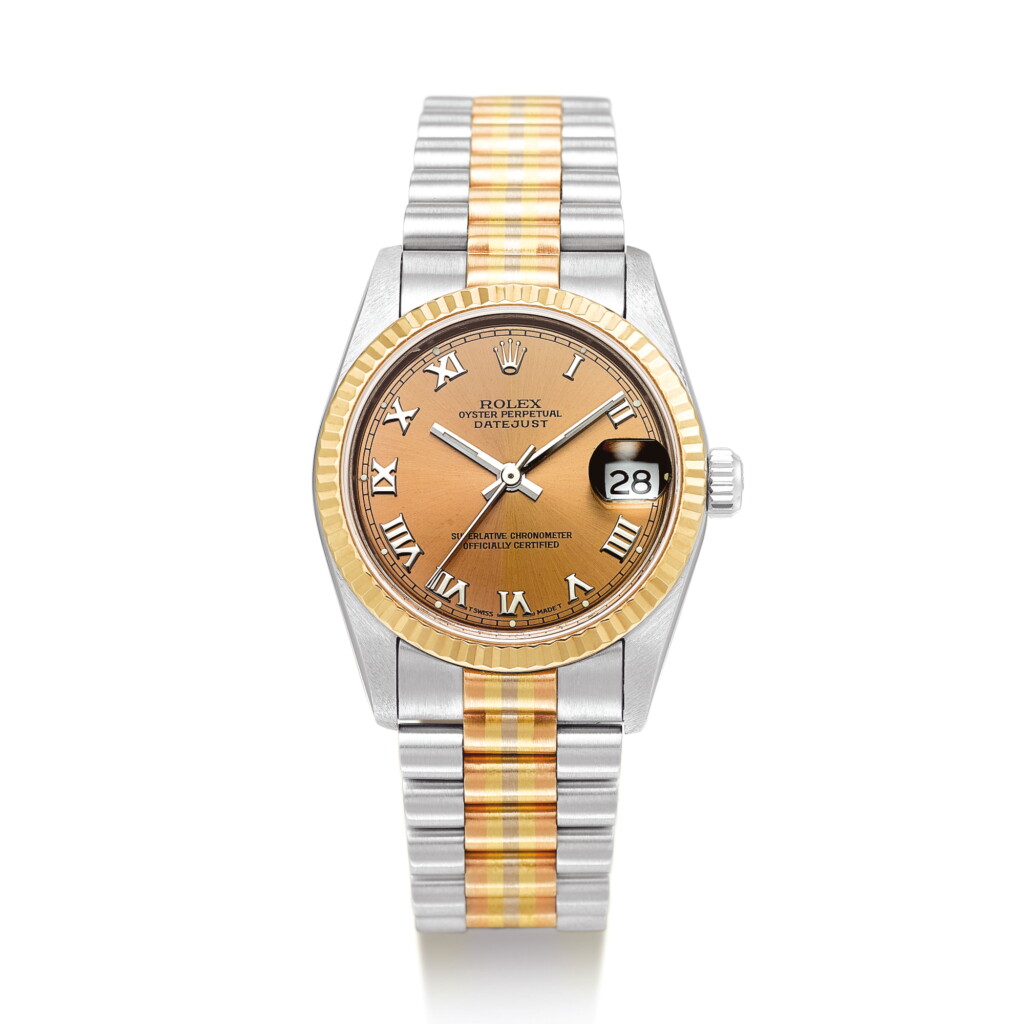 View full screen - View 1 of Lot 2286. ROLEX | DATEJUST, REFERENCE 68279B A TRI-COLOUR GOLD WRISTWATCH WITH DATE AND BRACELET, CIRCA 1995 " | 勞力士 | Datejust 型號68279B 三色金鏈帶腕錶,備日期顯示,錶殼編號W500781,約1995年製".