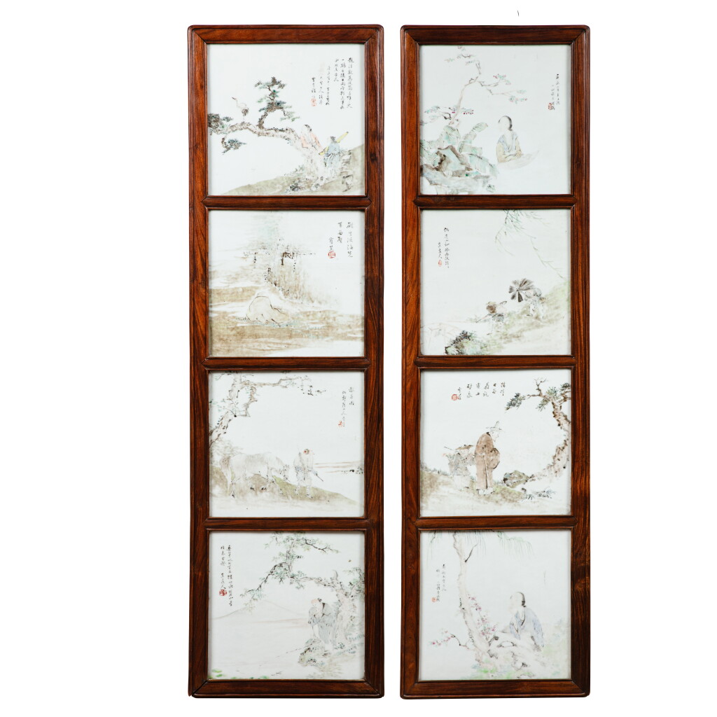 View full screen - View 1 of Lot 148. A set of eight 'qianjiang' enameled 'figure and landscape' plaques by Cheng Men, dated gengchen, corresponding to 1880 | 清庚辰年(1880) 程門作淺絳彩人物山水紋瓷板一套八屏.