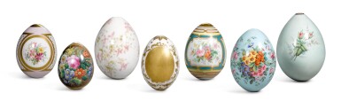 View full screen - View 1 of Lot 4. A group of seven porcelain Easter eggs, Imperial Porcelain Factory, St Petersburg, period of Nicholas II (1896-1917).