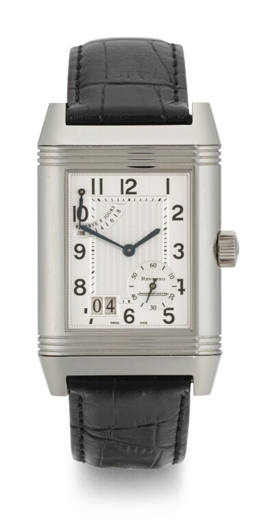 View full screen - View 1 of Lot 20. JAEGER LECOULTRE | REVERSO, REFERENCE 240.8.15, STAINLESS STEEL REVERSIBLE RECTANGULAR WRISTWATCH WITH 8-DAY POWER-RESERVE INDICATION AND DATE, CIRCA 2003.