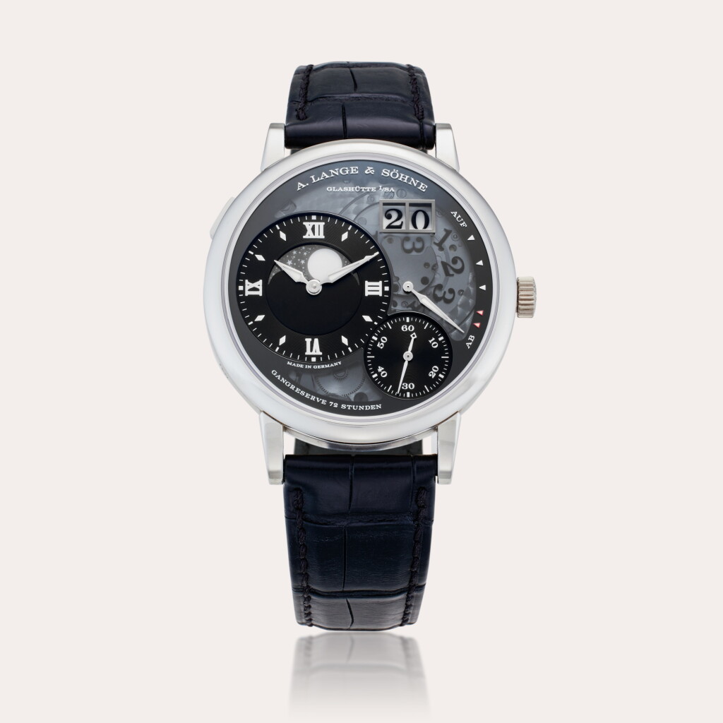 View full screen - View 1 of Lot 101. Reference 139.035F Grand Lange 1 Moon Phase 'Lumen' | A limited edition platinum semi-skeletonized wristwatch with date, power reserve indication and moon phases, Circa 2017.