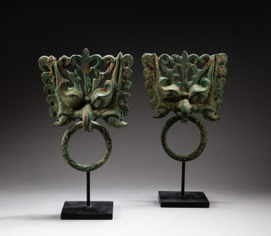 View full screen - View 1 of Lot 85. A pair of bronze 'taotie mask' ring handles Six Dynasties period, 6th century | 六朝 六世紀 青銅鋪首銜環一對.