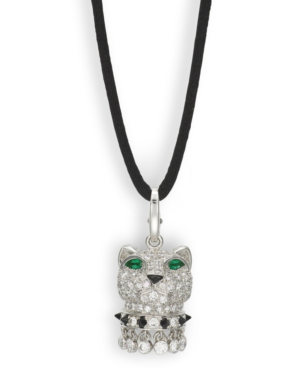 View full screen - View 1 of Lot 1703. CARTIER | 'PANTHÈRE' DIAMOND, EMERALD AND ONYX PENDENT NECKLACE | 卡地亞 | 'Panthère' 鑽石 配 祖母綠 及 縞瑪瑙 項鏈.