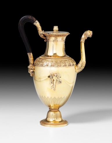 View full screen - View 1 of Lot 46. An important French silver-gilt coffee-pot with the arms of Madame Mère, Jean-Baptiste-Claude Odiot, Paris, 1798-1809 | Importante cafetière en vermeil aux armes de Madame Mère par Jean-Baptiste-Claude Odiot, Paris, 1798-1809.