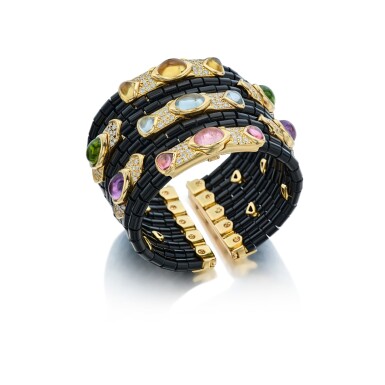 View full screen - View 1 of Lot 390. Gold, Onyx, Colored Stone and Diamond Cuff-Bracelet, France.