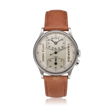 View full screen - View 1 of Lot 112. MultiChron Regulator Champion Spark Plugs 'first series', A rare stainless steel monopusher chronograph wristwatch with regulator dial made for race winners at the Indy 500, Circa 1930 罕有精鋼單按鈕計時腕錶備三針一線錶盤,約1930年為印第安納波利斯500英里大獎賽勝利者製造.