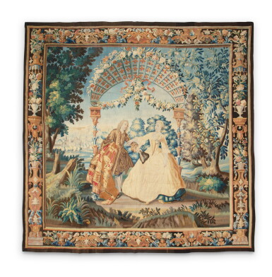 View full screen - View 1 of Lot 61. A German tapestry, after Lancret and Watteau, Berlin, from a Charles Vigne workshop, early 18th century | Tapisserie pastorale, d’après Lancret et Watteau, Berlin, atelier de Charles Vigne, début du XVIIIe siècle.