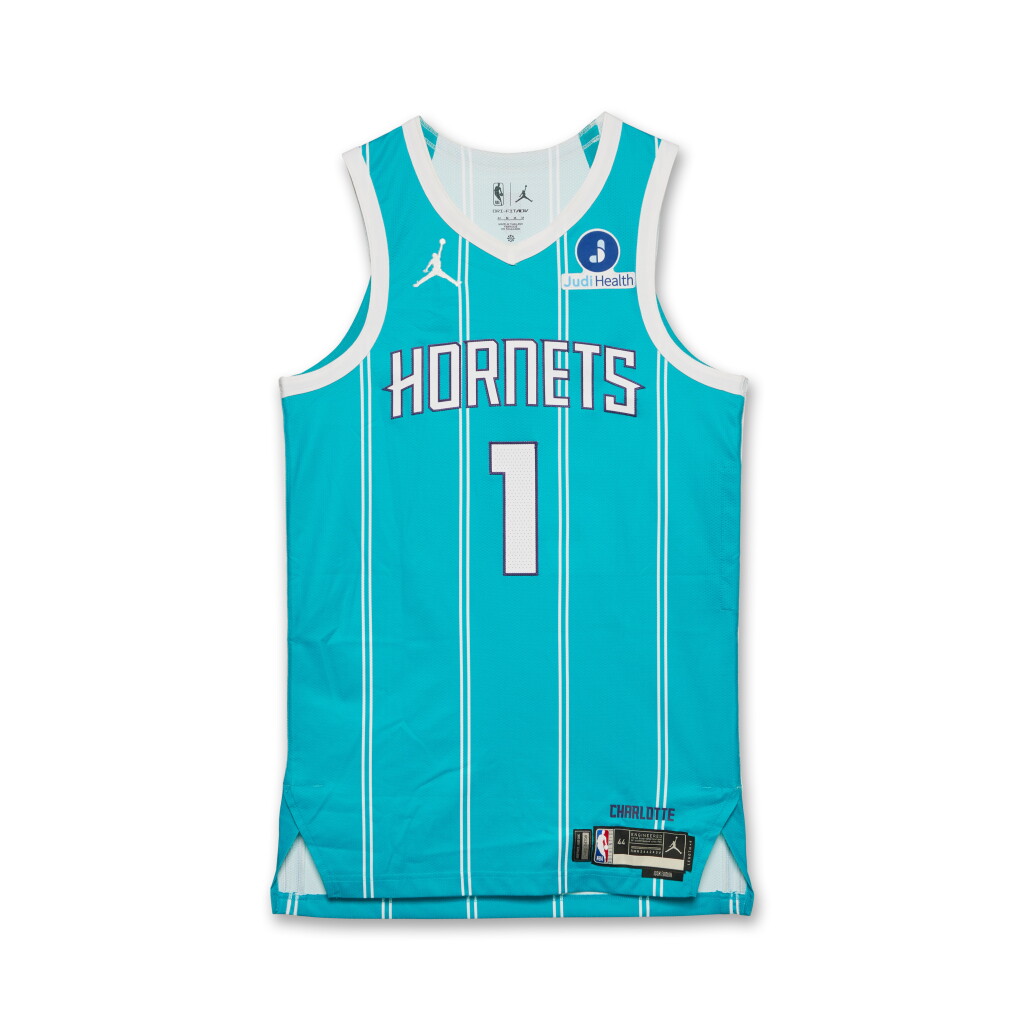 View full screen - View 1 of Lot 44. Lamelo Ball Charlotte Hornets 2025-2026 NBA Tip-Off Game Worn Icon Edition Jersey.