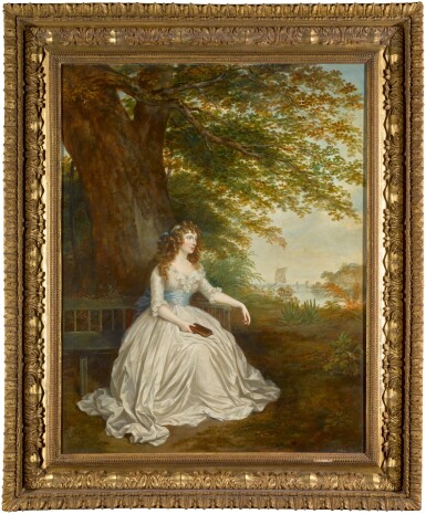 View full screen - View 1 of Lot 54. Portrait of Emily Shakespear, full-length, sitting on a bench under a tree by the Hooghly river in India, holding a book.